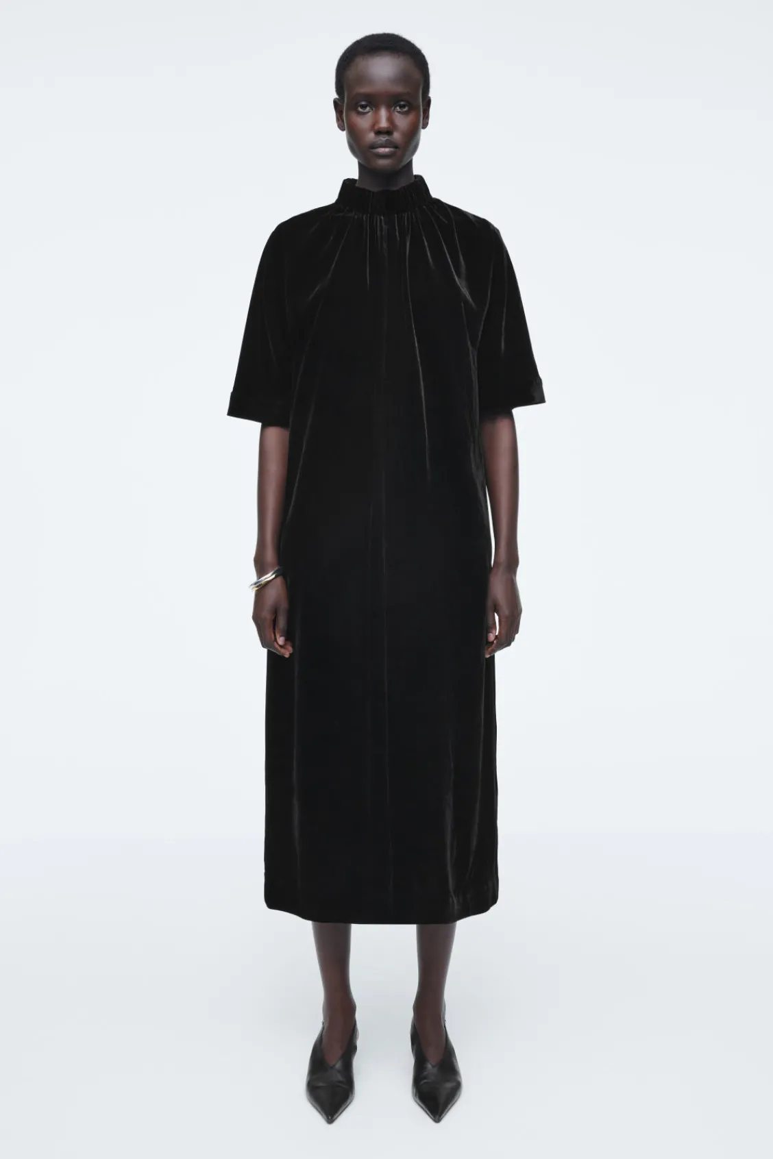 COS GATHERED SILK-BLEND VELVET MIDI DRESS-Women Dresses & Jumpsuits