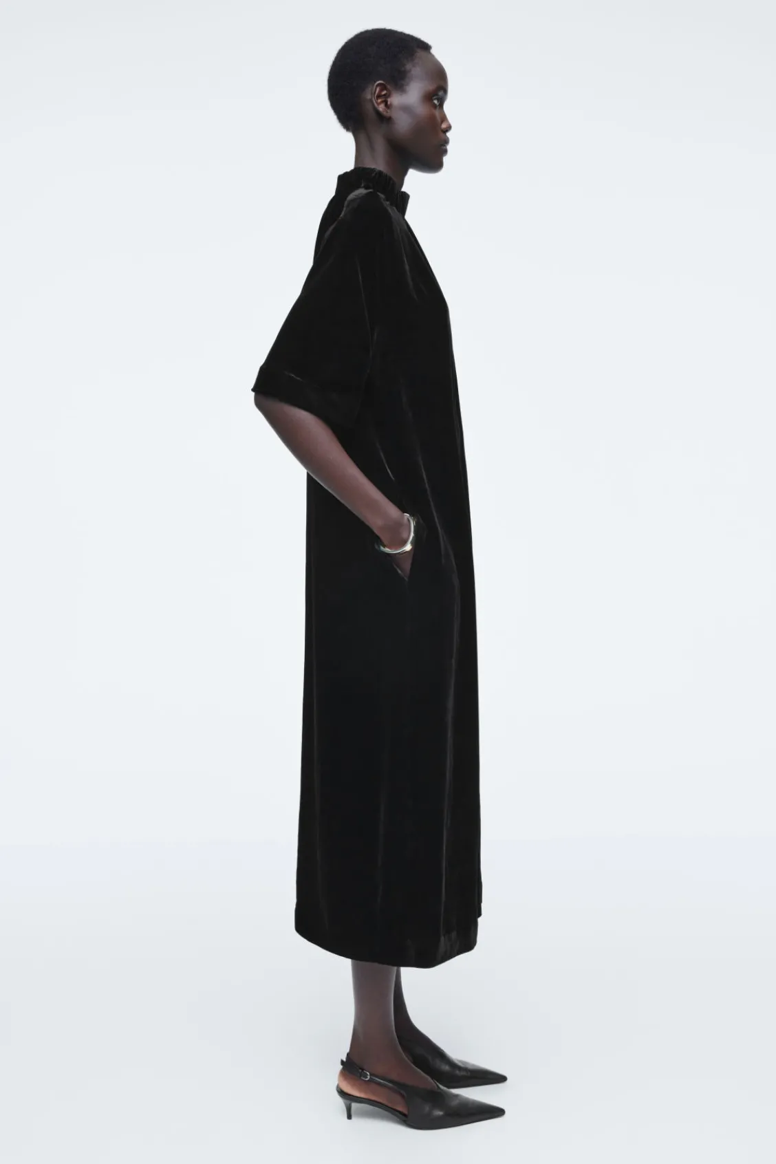 COS GATHERED SILK-BLEND VELVET MIDI DRESS-Women Dresses & Jumpsuits