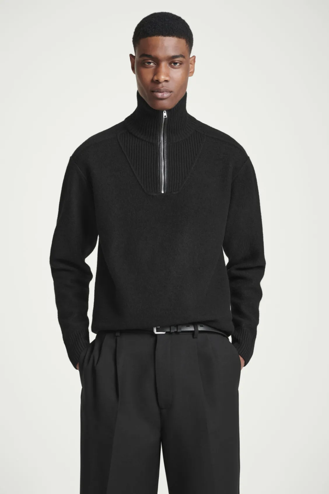 COS LEATHER-DETAIL MERINO WOOL HALF-ZIP SWEATER- Sweaters & Cardigans