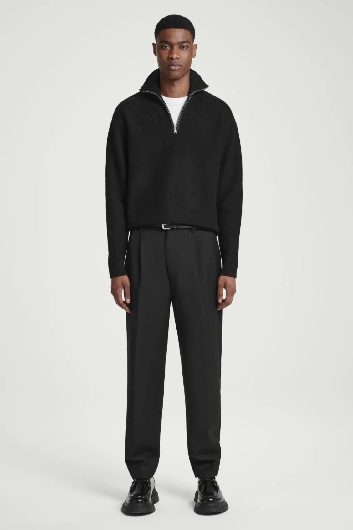 COS LEATHER-DETAIL MERINO WOOL HALF-ZIP SWEATER- Sweaters & Cardigans