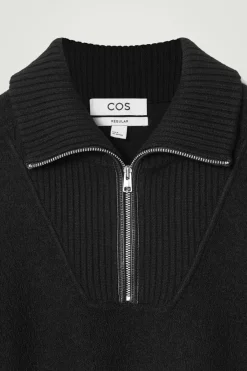 COS LEATHER-DETAIL MERINO WOOL HALF-ZIP SWEATER- Sweaters & Cardigans