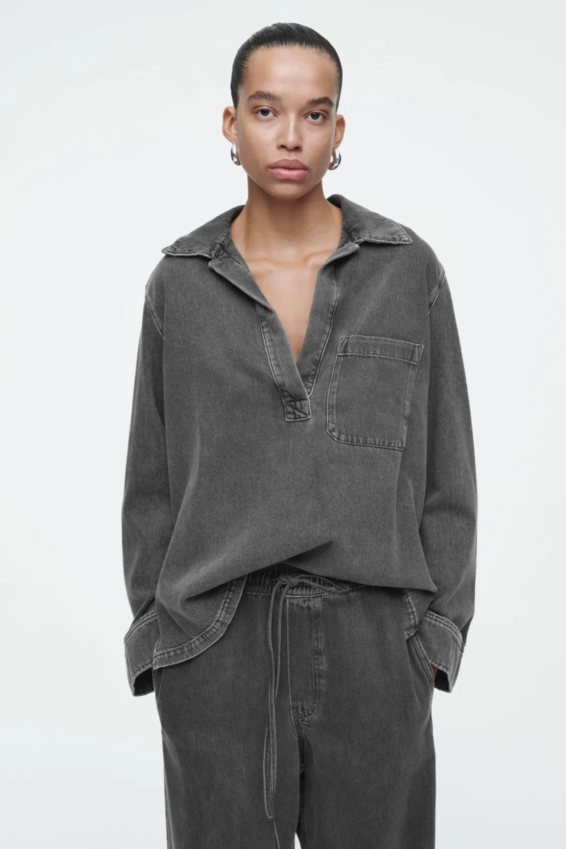 COS OPEN-COLLAR DENIM SHIRT-Women Shirts & Blouses | Tops