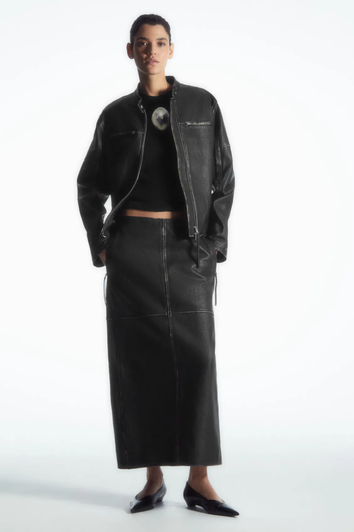 COS PANELED LEATHER RACER MIDI SKIRT-Women Skirts