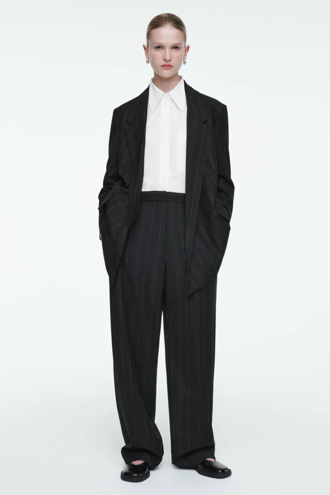 COS RELAXED PINSTRIPED BARREL-LEG PANTS-Women Vests & Tailoring | Pants