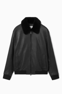 COS SHEARLING-TRIMMED LEATHER BOMBER JACKET- Coats & Jackets