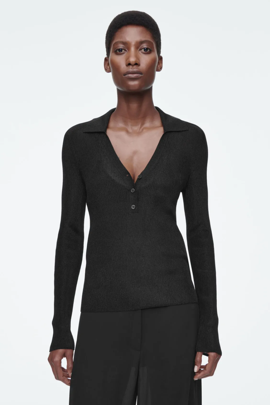 COS SPARKLY RIBBED-KNIT POLO SHIRT-Women Shirts & Blouses | Tops