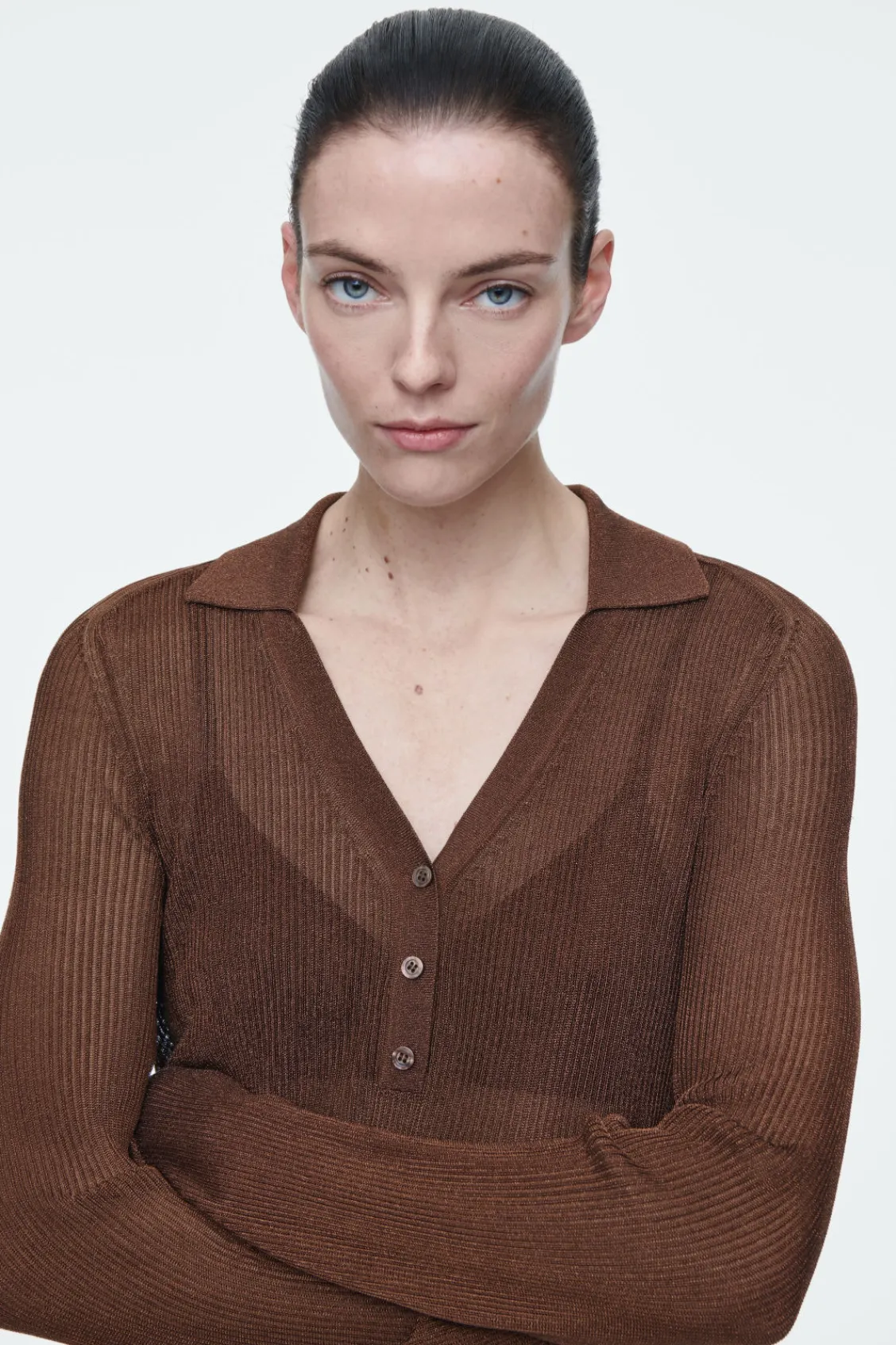 COS SPARKLY RIBBED-KNIT POLO SHIRT-Women Shirts & Blouses | Tops
