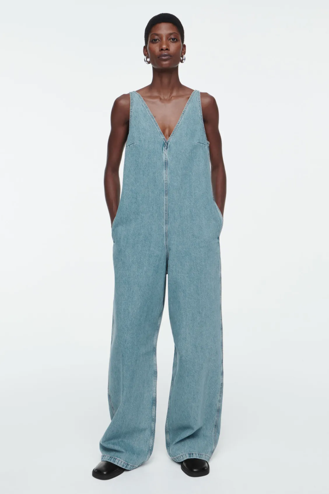 COS V-NECK DENIM JUMPSUIT-Women Dresses & Jumpsuits | Pants